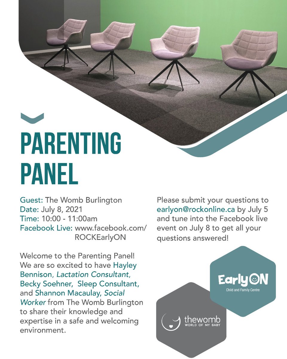 ROCKreachout's tweet image. Be sure to join us on Thursday July 8th at 10am for a Facebook Live event with our special guests from The Womb Burlington!

This panel will share their expertise, as well as answer all of your questions - so feel free to submit them in advance by email to earlyon@rockonline.ca.