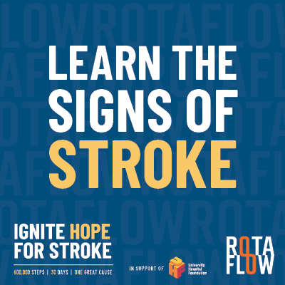 Rotaflow's tweet photo. Know the #SignsOfStroke & act FAST; Face, Arms, Speech & Time.
Part two in our #IgniteHope4Stroke series on #Stroke & how to recognize it.
For the month of June, Rotaflow has embarked on a Step-a-thon Challenge in support of & to raise funds for the @givetoUHF #StrokeAmbulance. https://t.co/uoAB2GBGFg