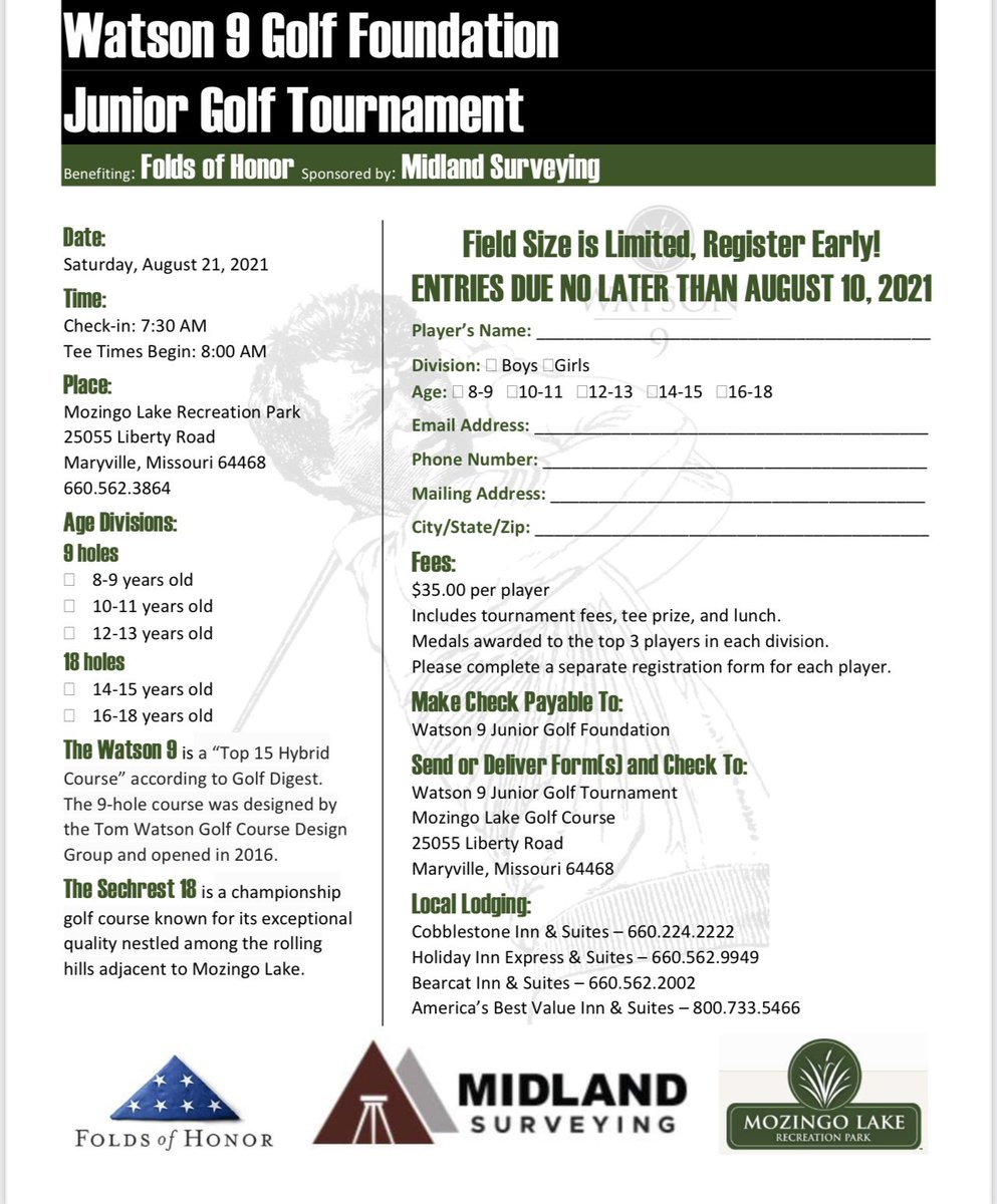 MozingoLake's tweet photo. The Watson 9 Folds of Honor Golf Tournament is on August 21st! β³οΈ
Get signed up for a great causeππΌββοΈππΎββοΈ
#Mozingo #MozingoLake #MozingoLakeRecreationPark #MozingoLakeGolfCourse #GolfMozingo #VisitMozingo https://t.co/umzlgXvGnK
