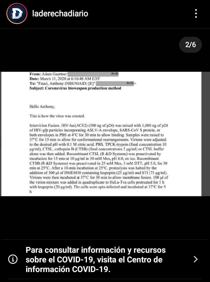 laderechadiario's tweet photo. > Tres "fact-checks" en una sola publicación de Instagram, solo por subir las fotos de los correos del Dr. Fauci que fueron hechos públicos por un Pedido de Libertad de La Información.

Lo tomamos como una medalla. https://t.co/IA4B1fNhpo
