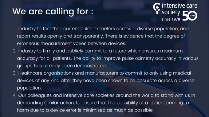 We must relentlessly and loudly demand that pulse oximeters be accurate & transparently validated across a diverse population. The integrity of our profession demands nothing less. We know that this is achievable and we will not accept half measures. bit.ly/3xNtDsN