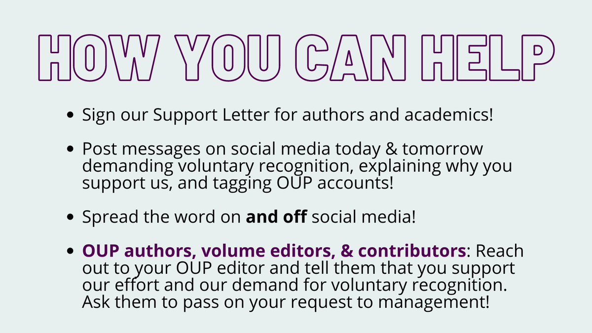 oupusaguild's tweet photo. 📢We need your help! OUP Mgmt has announced they will give us an update on where they stand this Thursday AM. Before then, we need as much support as possible! Here are the key🔑 actions you can take.

OUP authors/contributors: peep that last point 👀
#WeAreOUP #RecognizeOurGuild https://t.co/qZjxtNkwSP