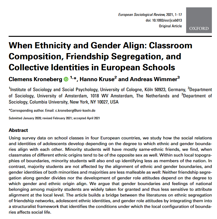 akadsoz's tweet photo. Class room &amp; national identity:
When majority group classmates tend to be of the opposite sex, minority students will identify less strongly as members of the nation. This is not true for majority students.
A @c_kroneberg H Kruse A Wimmer @ESR_news paper.
https://t.co/OEnCjZBFvp https://t.co/XM9PM5Xh7p
