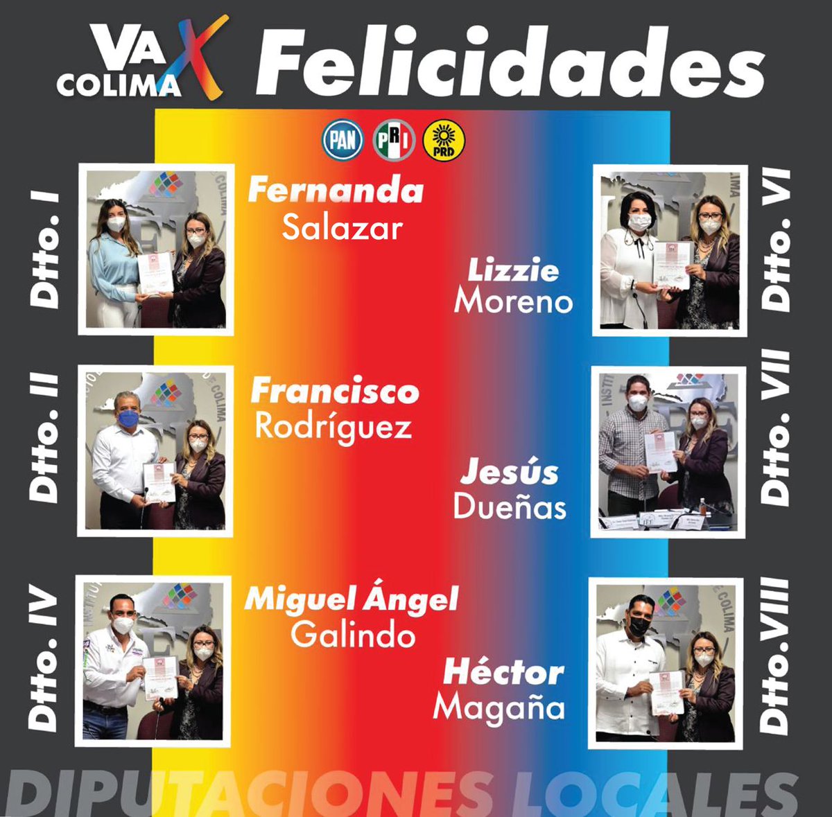 PRI_Colima's tweet photo. Felicitamos a las Diputadas y los Diputados locales de la coalición #VaPorColima”, que recibieron su constancia de mayoría que los acredita legalmente; les conminamos a cumplir los compromisos y velar por el bien de la ciudadanía colimense.
#PRI #PAN #PRD https://t.co/A29c7898Jo