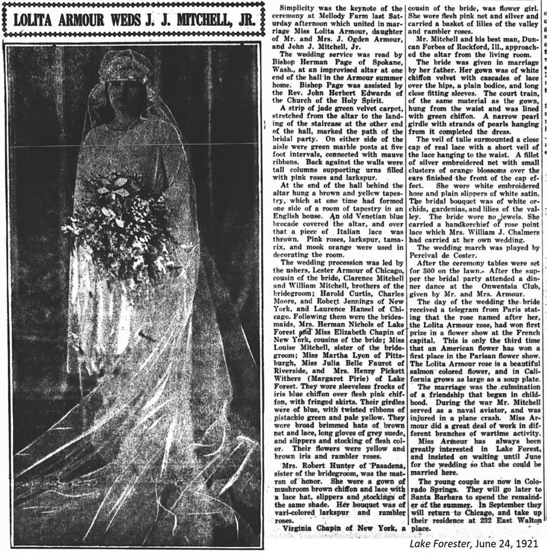 Lolita Armour married John J. Mitchell Jr. on June 18 at Mellody Farm, with the ceremony taking place in the hall at an "improvised altar" and the reception on the grounds. #100YearsAgo