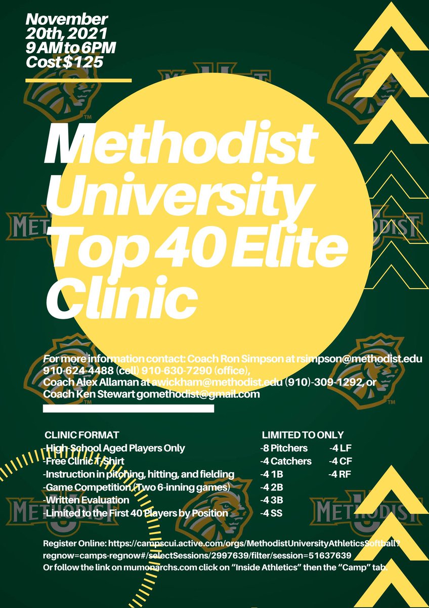 MUMonarchsSB's tweet photo. 🚨We only have 10 slots left for our Top 40 Elite Clinic on SAT Nov 20th! We still need 2 more catchers, 2 pitchers, &amp; 6 OFs 🚨 Here’s the link to sign up https://t.co/YYKHkmzWuA 
If you’re an infielder &amp; still would like to attend please email Coach Alex awickham@methodist.edu https://t.co/PNu1FtpWuz