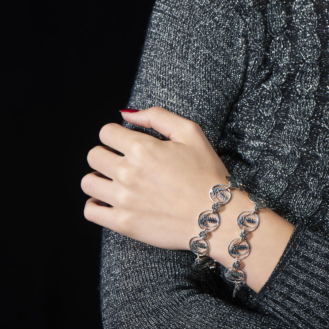GDJewelryxCG's tweet photo. What could be better than our Steal Your Face Sterling Silver Statement Bracelet? 2 of them! How do you mix and match your Grateful Dead Jewelry!? https://t.co/75XNYf5VpC