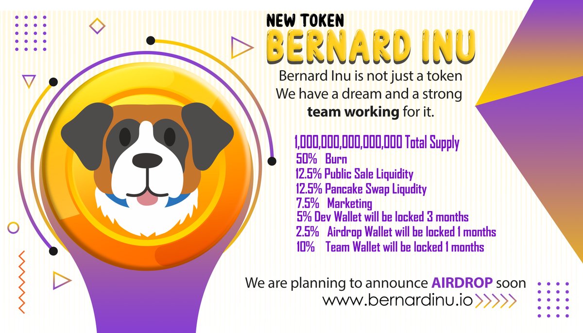 We come with a strong team, you will be amazed by our projects Don't forget to follow on social media and telegram
 #bernardinu #BSC #newtoken #Crypto #BTC #coin #coin #coins #newcrypto #CoinMarketCap #SmartChain #BinanceSmartChain #Pancakeswapv2
