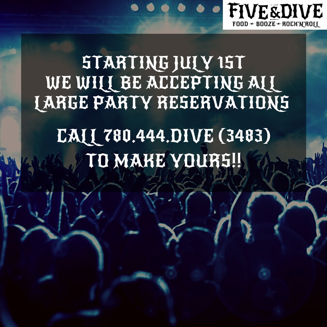 fiveanddivewem's tweet photo. Couldn't be happier to announce we will be accepting large party reservations starting July 1st! Book your spot for Canada Day ASAP! #yeg #canadaday #divebar #supportlocal #supportyourlocaldivebar  #foodboozerocknroll #rocknroll #reservation #party #drinking #yegbeer #yegeats https://t.co/JNnzpqg2wO