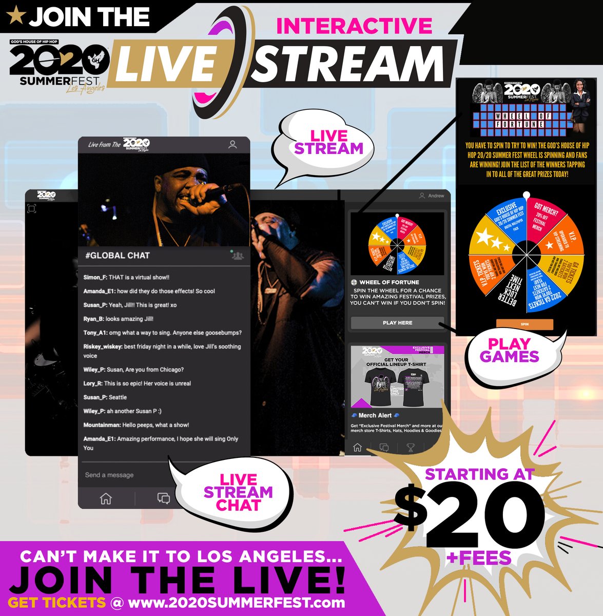 Can’t Make it to L.A.<<<
Join our “Interactive Live Stream”
Where you can Watch, Chat, Play Games &amp; #ShopTheFest
God’s House of Hip Hop 20/20 Summer Fest

Interactive Live Stream Tickets
Starting @
⭐️⭐️⭐️$20 +fees⭐️⭐️⭐️

👉🏼GET TICKETS HERE on.2020summerfest.com/trk/twit👈🏼