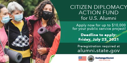 exchangealumni's tweet photo. Want to make an impact? Citizen Diplomacy Action Fund #CDAF is accepting applications for project proposals to win up to $10K! Apply by July 23. Learn more and register for the CDAF info session on June 15 at 12pm ET - https://t.co/WFouv9tG0H > U.S. Alumni tab. https://t.co/nPfccshnJz