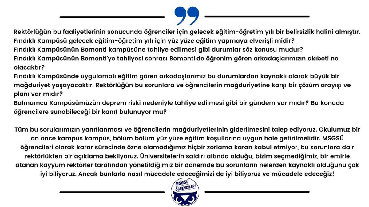 MSGSÜ öğrencileri olarak sorularımıza cevap istiyor, bizden bağımsız alınan hiçbir kararı tanımıyoruz! 
@handaninciMSGSU 
#MsgsüAçıklamaİstiyor