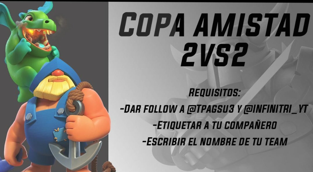 Volvemos a la creación de torneos ❤️
Esta vez tocó Clash Royale 🍃
Requisitos:
✴️Follow a mi y a @TPagsu3
✴️Dar ❤️ y RT
✴️Comentar a tu amigo y nombre del equipo 👌
✴️ Mandar pruebas por md a @TPagsu3 
✴️Eliminacion directa
PREMIOS:
5 DLLS al equipo ganador
Headers al segundo