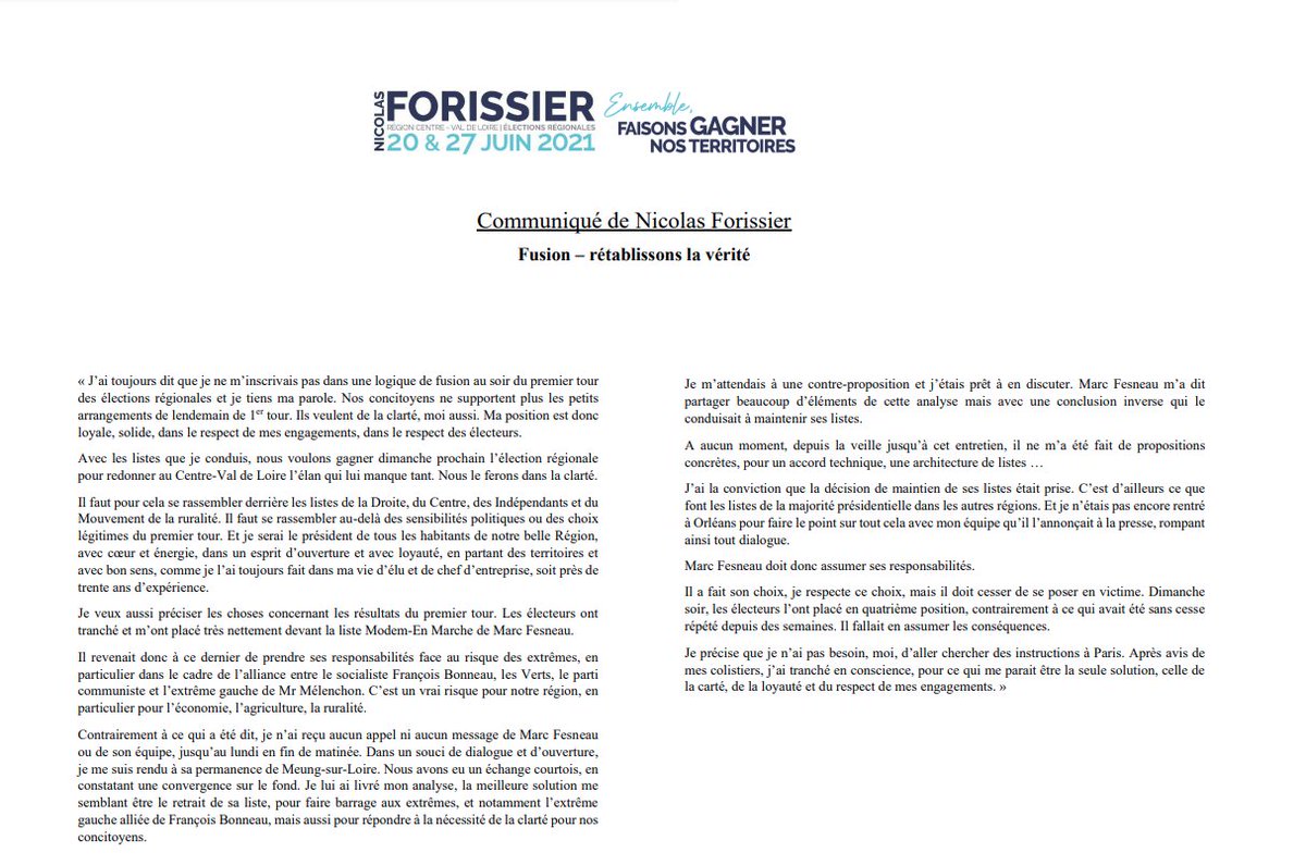 N_Forissier's tweet image. J’ai toujours dit que je ne m’inscrivais pas dans une logique de fusion au soir du 1er tour des élections régionales &amp;amp; je tiens ma parole. Nos concitoyens ne supportent plus les petits arrangements de lendemain de 1er tour. Ils veulent de la clarté, moi aussi.  #CentreValdeLoire