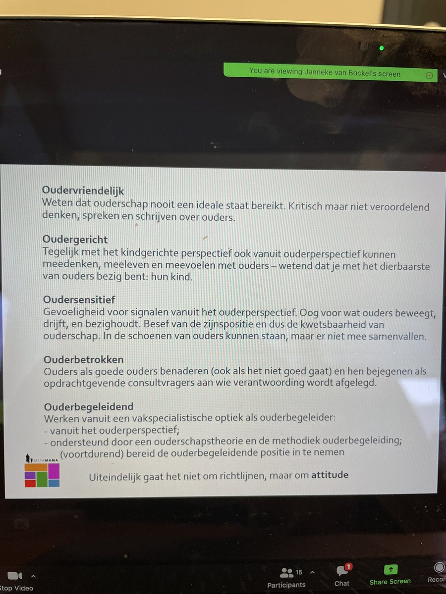 Was vanmiddag een interessante #Zoominn <a href="/OZvdJ/">Ondersteuningsteam Zorg voor de Jeugd</a> over #ouderbetrokkenheid, expertise leefwereld met o.a. Janneke van Bockel @oudercoach met een heldere uitleg waarom het vanzelfsprekend moet zijn om ouders te betrekken. Binnenkort terug te zien op hart voor de #jeugd op YouTube.