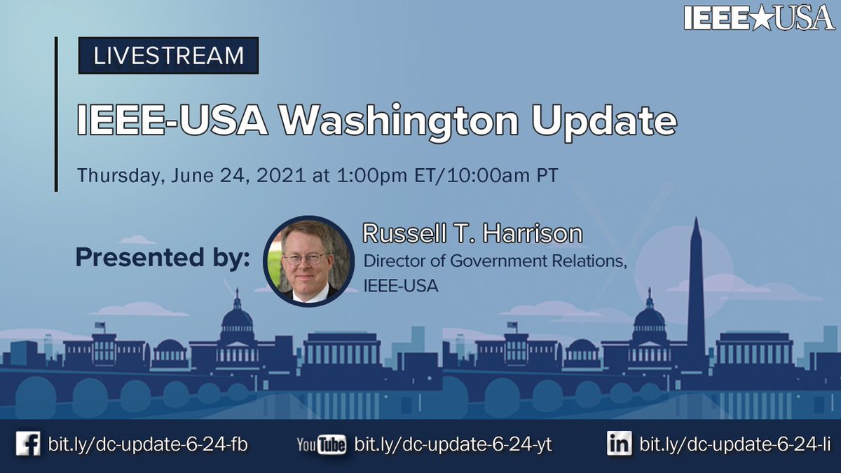 PromotionDcom's tweet image. IEEEUSA: Our IEEE-USA Washington Update has moved to Thursday!

Join us June 24 @ 1pm ET/10am PT for our IEEE-USA Washington Update to find out about important issues being discussed in DC, what #Congress is doing and how it impacts IEEE members. #Discov…