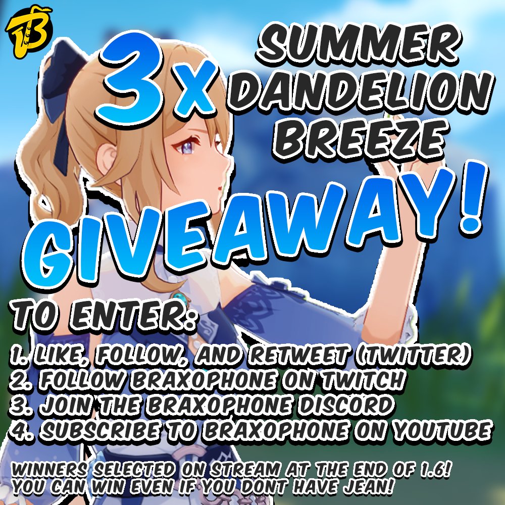 braxophone's tweet image. 3X JEAN SUMMER BREEZE SKIN GIVEAWAY!
1. Like, Follow, Retweet
2. Follow on Twitch twitch.tv/braxophone
3. Join the Discord discord.gg/9bfJ4aQFHy
4. Subscribe on YT youtube.com/braxophone
Winners chosen from various platforms right before 1.6 ends (will be live streamed)