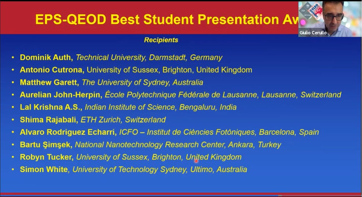 EPICXPhoton's tweet photo. Congratulations to the fantastic Antonio Cutrona (@AntonioCutrona3) and Robyn Tucker who both won Best Student Presentation Award at #cleoeurope

@PhysicsAtSussex 

#conference #physics #optics #award #achievement #outstanding https://t.co/b0baNFzOvO