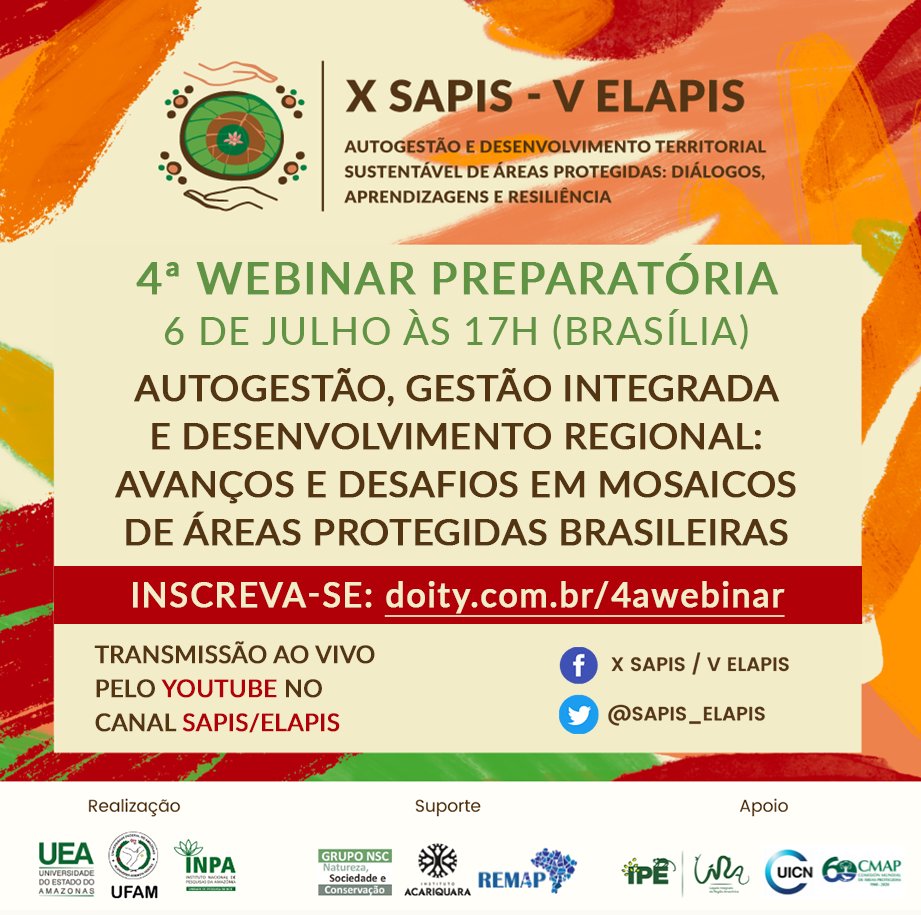sapis_elapis's tweet image. Atenção! A 4a Webinar já tem data marcada: 6 de julho, às 17h (horário de Brasília). 
Tema: Autogestão e Desenvolvimento Regional: conceitos-práticos e impactos em mosaicos de áreas protegidas em biomas do Brasil! Logo traremos mais informações! 
#webinar #biodiversidade  #sapis