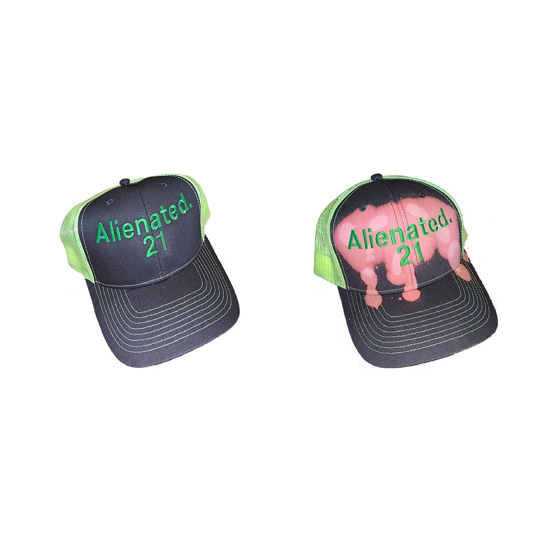 AlienatedAttire's tweet photo. SPRING/SUMMER 2021. FRIDAY. 6/25/21. 
2 trucker hats, 2 long sleeves, and some sweatshorts. 1 trucker colorway personally hand bleached so each one is different and 3M on the long sleeves.
Thank you guys for your patience. https://t.co/0W3x0AfScj