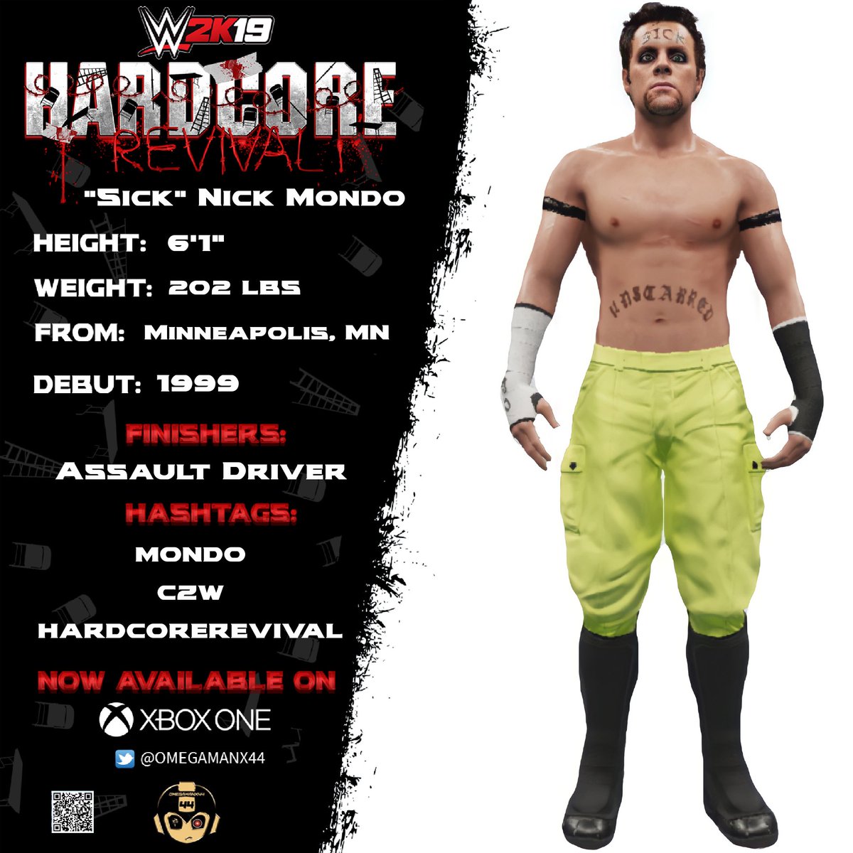 HardcoreRev5val's tweet photo. Download the next #HardcoreRevival #DeathMatch Expansion Pack CAW, “Sick” Nick Mondo @NickMondoMedia today! #HardcoreRevival #WWE2K19 #XboxOne #CZW https://t.co/eihhfgkPtM