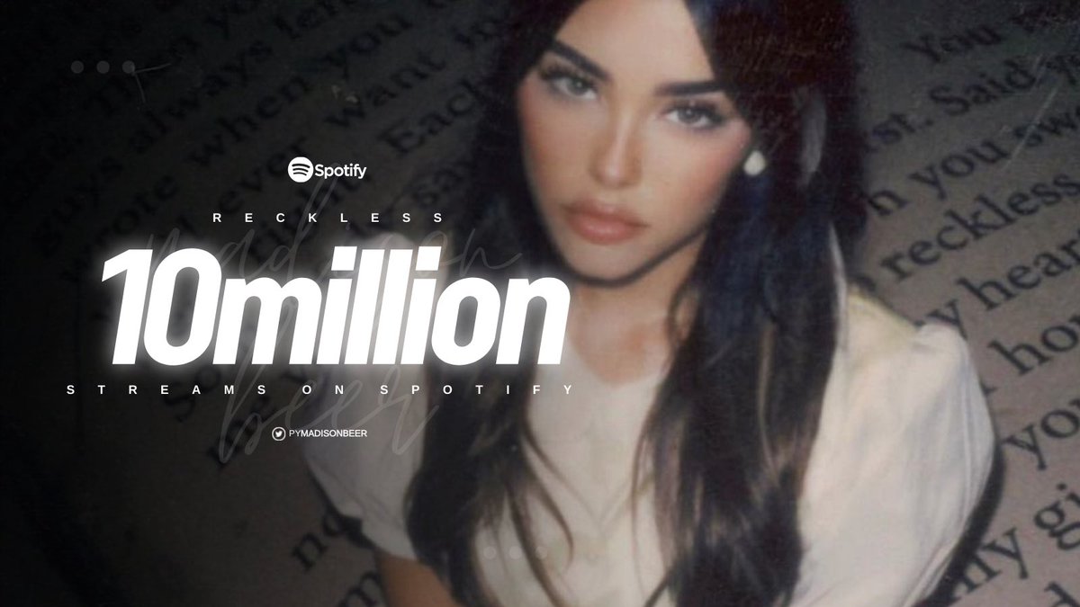 pymadisonbeer's tweet image. “Reckless” de @madisonbeer ha alcanzado los 10M de reproducciones en Spotify. 

 — Se convierte en la canción más rápida en hacerlo, superando a “Hurts Like Hell”(19) y “Baby” (22).