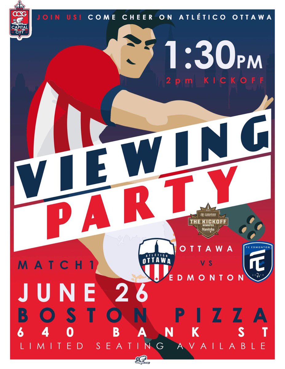 CapitalCitySG's tweet photo. Hey you. Yes you! 👋

Do you like football? ⚽️ 
Do you like pizza? 🍕 

Well you’re in luck! 

Join us for the inaugural 2021 #CanPL game as our very own @atletiOttawa take on @FCEdmontonNow in Winnipeg 💪 🎉 

#AllezAtleti https://t.co/KkQteEMgJa