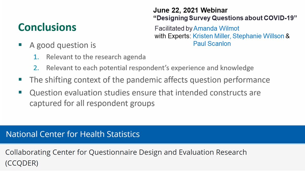 MMandySha's tweet image. #covid19 #survey Qs eval by @NCHStats experts via #CognitiveInterview:

* Pandemic frames Q intent: symptoms Q= prevalence Q?
* Existing framework... 🤔 contact tracer= healthcare worker?
* Timeline? 👀 doc for 😓 --&amp;gt;➕ test 
* New vocabs/uses❗️

👁‍🗨 more: wwwn.cdc.gov/qbank/Reports.…