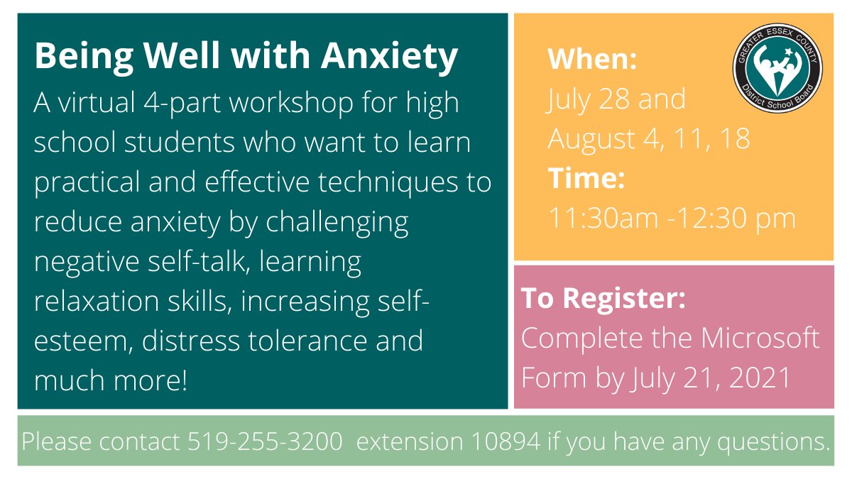 gecdsbpro's tweet photo. Are you in high school and looking for effective and practical techniques to reduce anxiety? Sign up for this 4-part workshop here: https://t.co/0xzb75PPQ4 https://t.co/ME5apa6U2T