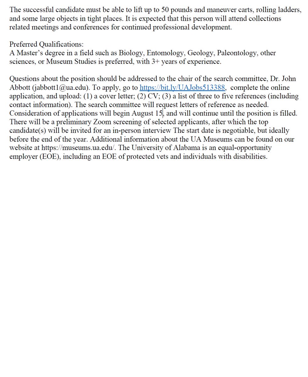 paleoadiel's tweet photo. Job Alert!!! Natural History Collections Manager position available at the University of Alabama Museums. @UAMNH @uamuseums. A great opportunity for people with an interest and experience in paleontology, entomology, marine biology, geology, and/or museum studies.😀Please share! https://t.co/pnCTob4Udi