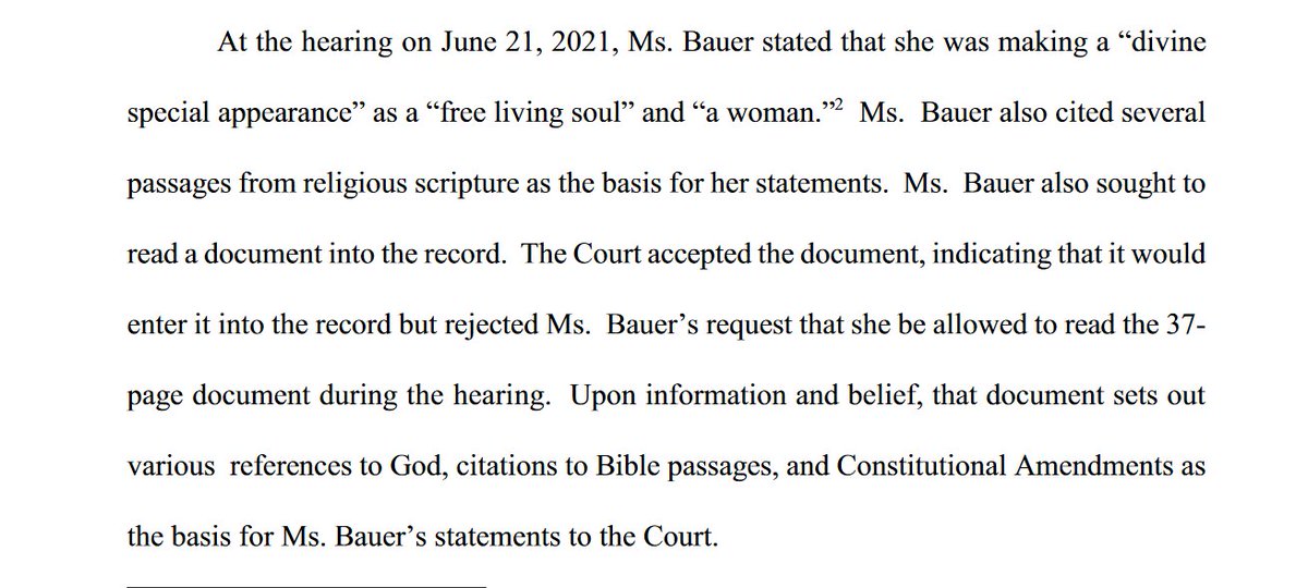 As we wait to see if Pauline Bauer, the sovereign citizen J6 rioter who was jailed yesterday for contempt after saying was making a "divine special appearance", is returning to court, her lawyer files a notice explaining what was in the 37-pager she wanted to read aloud yesterday https://t.co/Ulna47cs7R