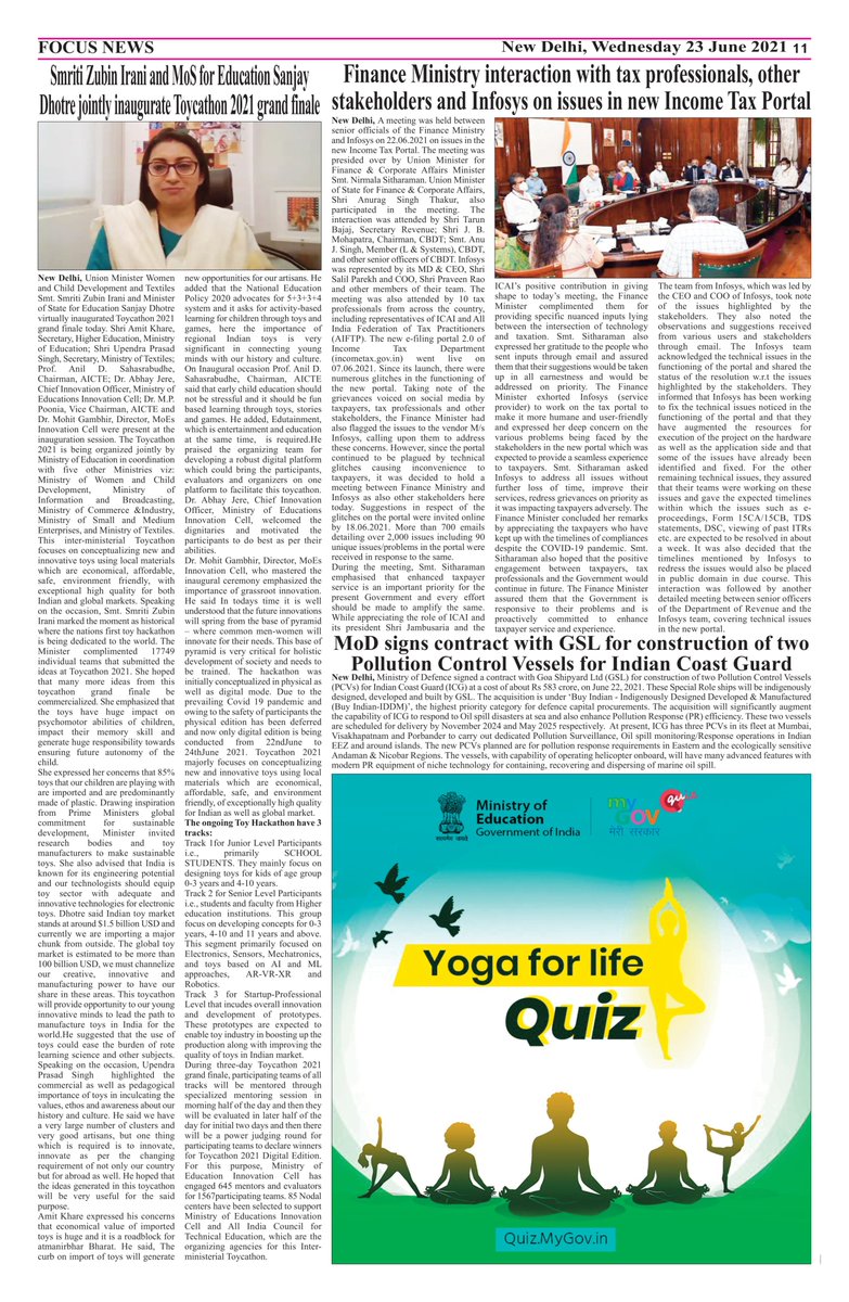 Focus News Fnind English Page Of Focusnews 23rd June 21 Nsitharaman Ianuragthakur Smritiirani