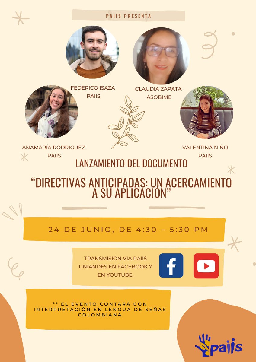 ¿Sabe qué es una directiva anticipada? 
Este jueves 24, a las 4:30 pm, no se pierda el evento de lanzamiento de la cartilla sobre directivas anticipadas. 
La transmisión ser hará por Facebook y el YouTube de PAIIS. 
*El evento contará con interpretación en LSC