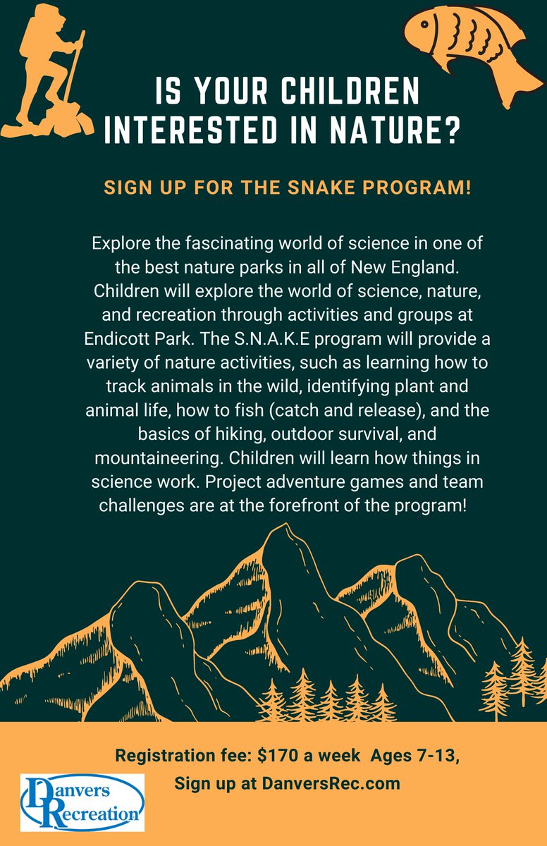 DanversRec's tweet photo. Sign up for the Snake Program that offers a variety of nature activities, plant activities, and other outdoor games.
Danvers Rec Summer 2021 Programs: https://t.co/AnrBZ5TpQY
#danversrec #summerprograms https://t.co/fqClwcLvVq