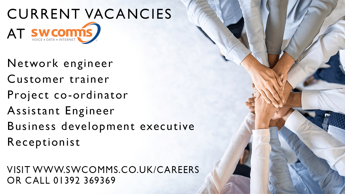 southwestcomms's tweet photo. We are recruiting for a number of vacancies at #swcomms.
β Assistant Engineer
β Project co-ordinator
β Customer trainer
β Receptionist
β Network engineer
β Business development executive
Visit https://t.co/YFvZwnvCHb for more details and how to apply.
#jobvacancies https://t.co/4wx5vKuadq