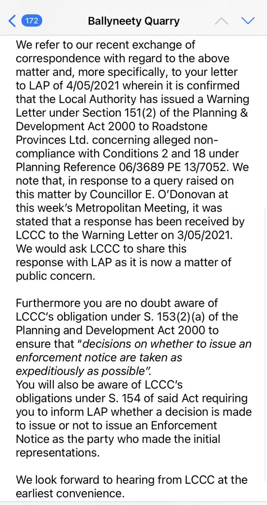 LAP_Limerick's tweet photo. Thanks to @elisaodonovan for asking for an update on the planning compliance issues we uncovered at Ballyneety quarry at the recent @LimerickCouncil meeting. We since emailed the council ourselves for an update and got this reply ⬇️ https://t.co/rAhOEfnmHm