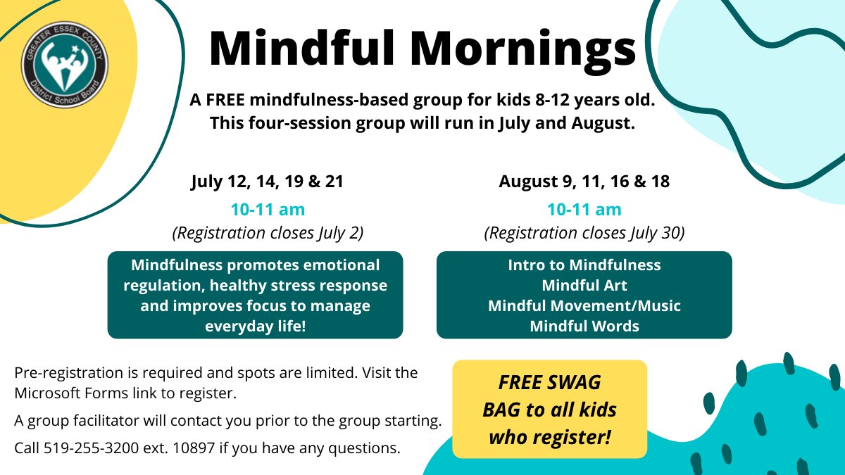 Mindful Mornings are a FREE group for kids ages 8-12 years old. The group will meet four times in July and four times in August. Sign up here: bit.ly/2SMMVjb