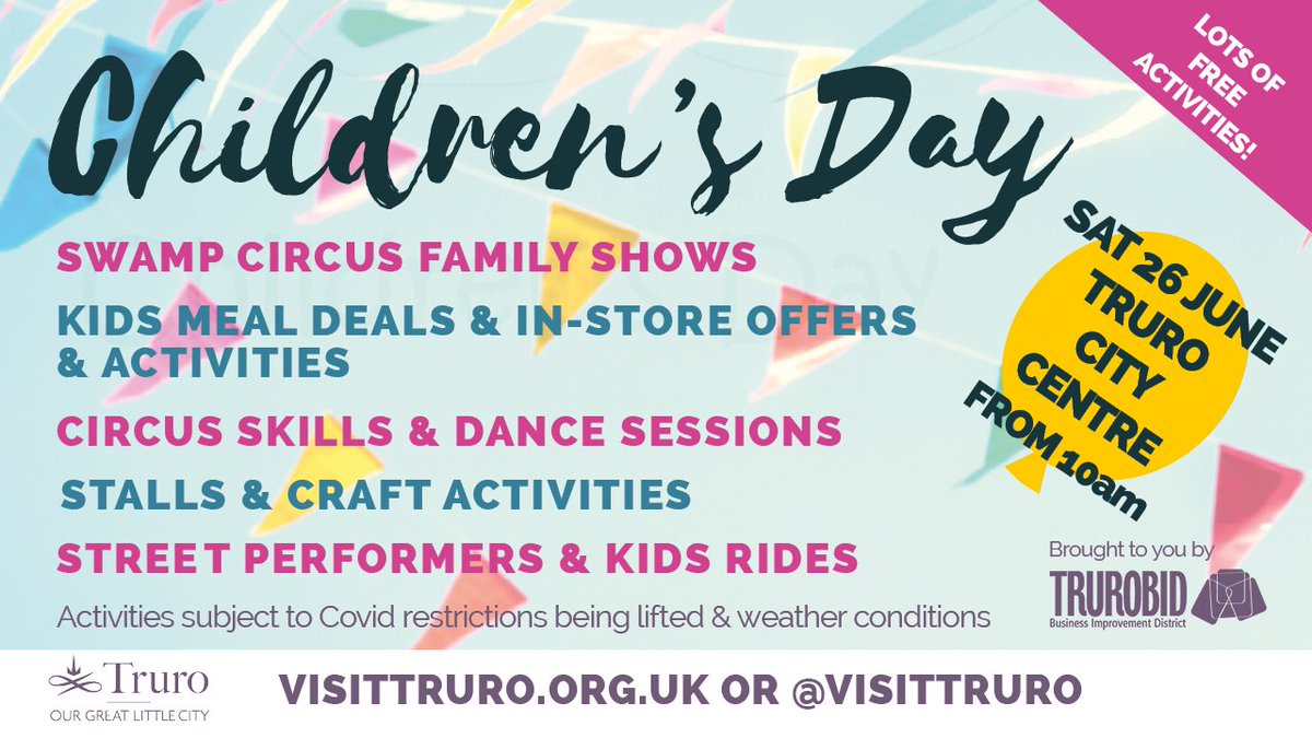 Children's Day is Sat 26 June. We've coordinated in-store activities &amp; offers happening for Children's Day: visittruro.org.uk &amp; planned activities on Lemon Quay. Appropriate covid-19 restrictions will be in place. <a href="/TruroHour/">#TruroHour</a> #trurohour #lovelocal #secrettruro <a href="/secrettruro/">SecretTruro</a>