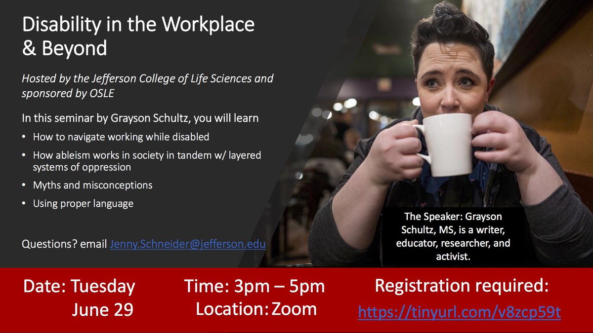 "Disability in the Workplace &amp; Beyond" Virtual Seminar is Tuesday, June 29th from 3-5pm! Grayson Schultz (he/him), is a writer, educator, researcher, &amp; activist. He has earned a reputation for tearing down barriers, causing constructive trouble, and opening minds! Info 👇👇
