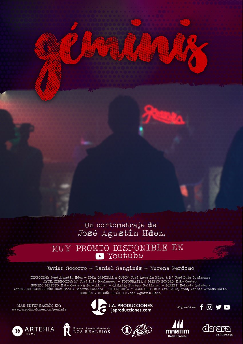🔴 Permanece atento a nuestras redes sociales. Muy pronto estará disponible en #Youtube nuestro último cortometraje #Géminis estrenado en Febrero de 2020. 🎥🎬
La mejor forma de finalizar nuestra celebración del #15Aniversario 🎉#cortometraje  #15años #Japroducciones #CineCanario