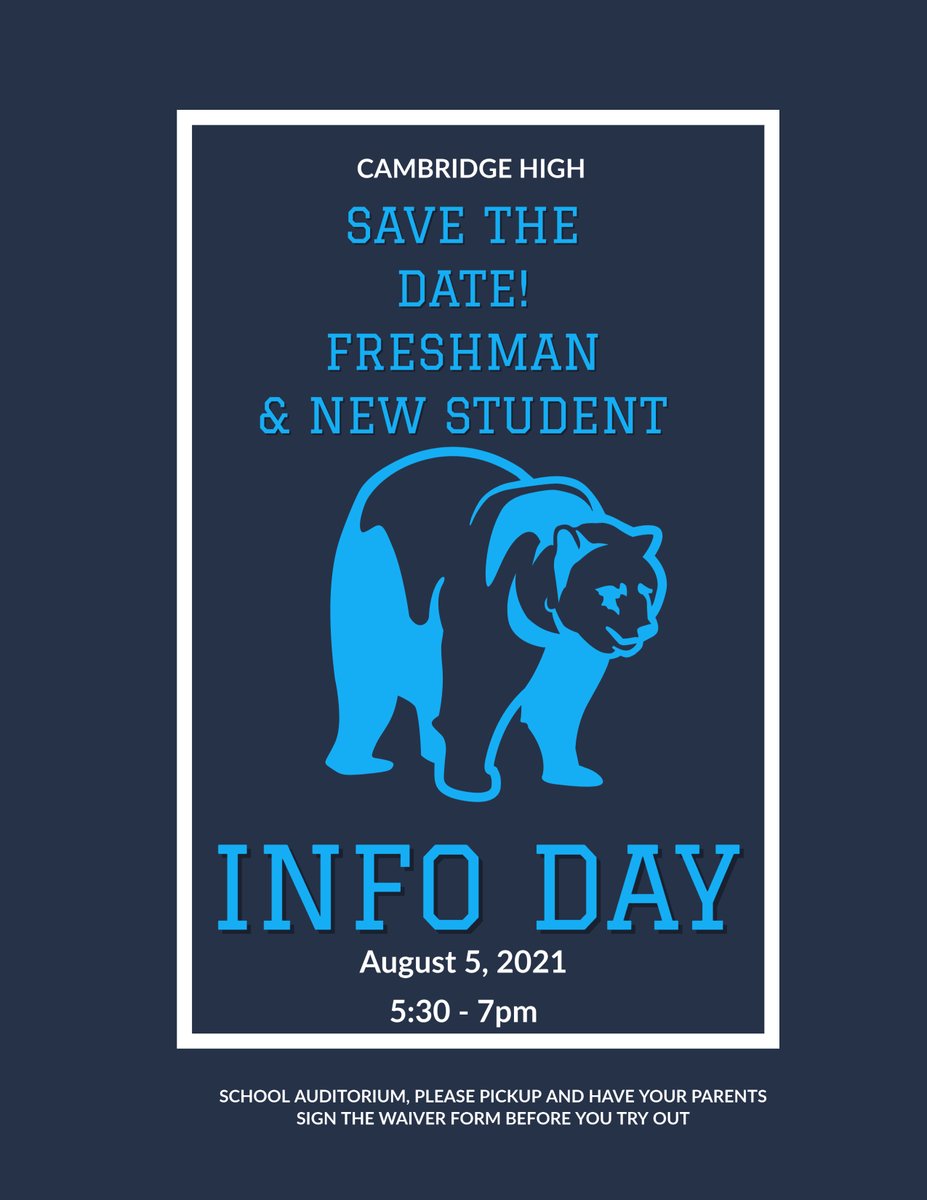 Update coming soon, but had to share our Save the Date for Freshman &amp; New Students <a href="/CambridgeHS1/">Cambridge High School</a>!  Info Night on 8.5.21 from 5:30pm - 7pm.  Meet teachers and your CLAWS mentors, tour the building, buy swag, join the PTSA, parent meeting, and more! #BeTheBridge