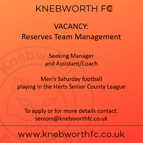 Think you know better than #Southgate? Prove it.
We're seeking a management team for our Reserves playing on Saturdays in <a href="/hscfl/">HSCL</a> - to apply or for more details contact seniors@knebworthfc.co.uk