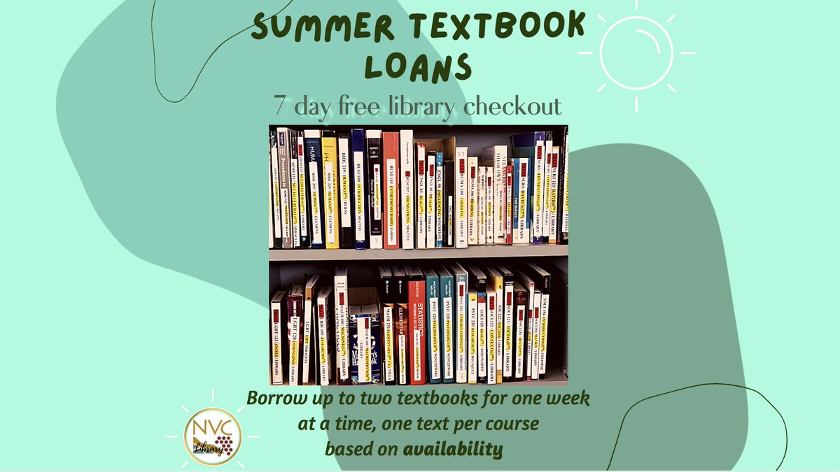McCarthyLibrary's tweet image. Just a quick reminder we have summer textbooks available for free 7-day check-outs through the NVC Library! Please fill out this form to let us know which textbook you want to check out. bit.ly/textbook_reque… 
#wearenvc #startheregoanywhere #napavalleycollege #napavalley