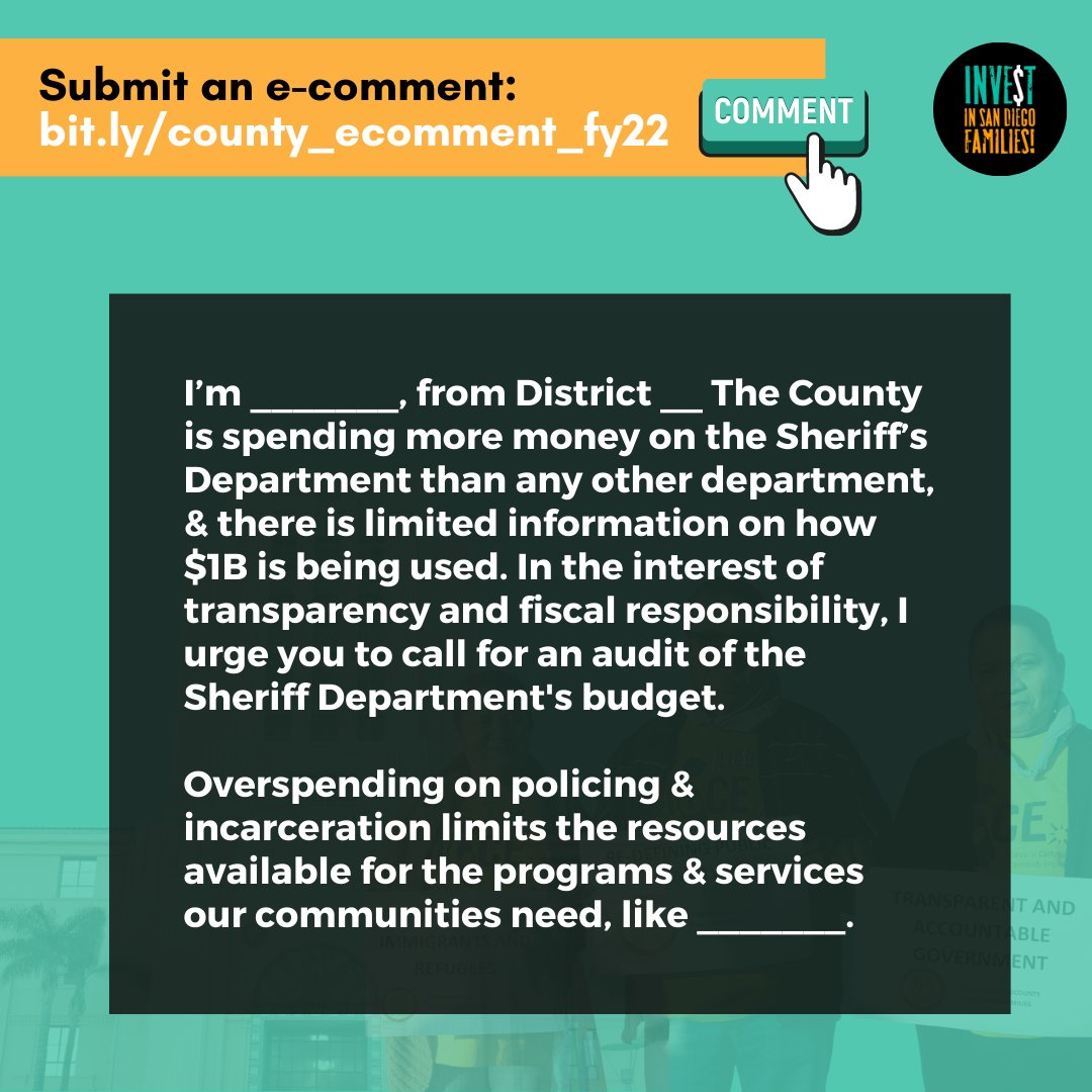 Join us in calling for an audit of the Sheriff Department's budget. We need more government transparency, more public accountability, &amp; less policing &amp; incarceration. It's time for change!

✉️ Submit e-comments here: bit.ly/county_ecommen…
#ReclaimSDCountyBudget