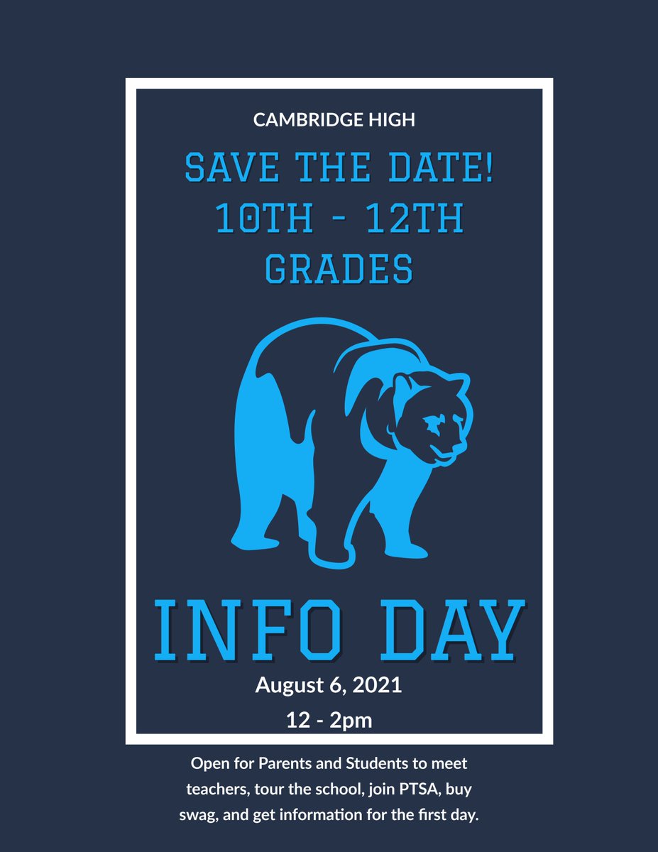 Update coming soon, but had to share our Save the Date for 10th - 12th Grade Students <a href="/CambridgeHS1/">Cambridge High School</a> !  Info Day on 8.6.21 from 12pm - 2pm.  Meet teachers, tour the building, buy swag, join the PTSA, and more! #BeTheBridge