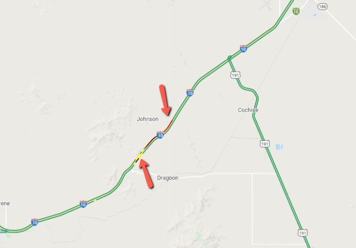 ArizonaDOT's tweet image. *MAJOR FIRE CLOSURE* 

I-10 is closed in both directions near Dragoon for the #WalnutFire. 

Westbound lanes are closed near N. Johnson Rd. at MP 323. 

Eastbound lanes are closed near E. Dragoon Rd. at MP 321. The Texas Canyon Rest Area is also closed. 

 #aztraffic #azfire #i10