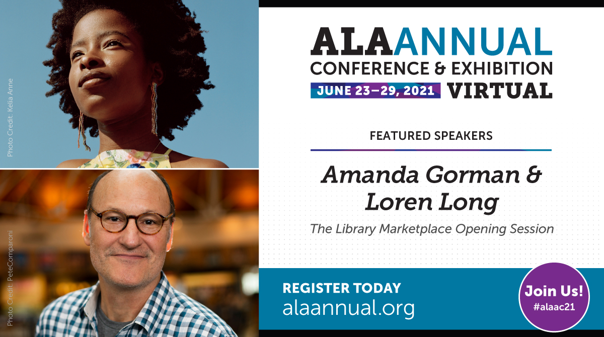 ALAConferences's tweet image. Hear from Youth Poet Laureate @TheAmandaGorman, illustrator @lorenlong, and moderator @LibnOfCongress, when they open the #ALAAC21 Library Marketplace tomorrow, at 9:00am CT. bit.ly/2TIrv6M