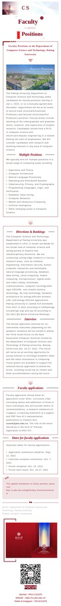 #FacultyPositions at the Department of Computer Science, Peking University 
  
The Department of Computer Science at Peking University is seeking candidates for all levels of tenure-track and tenured positions in any area of computer science.

For details:
cs.pku.edu.cn/English/Open_P…