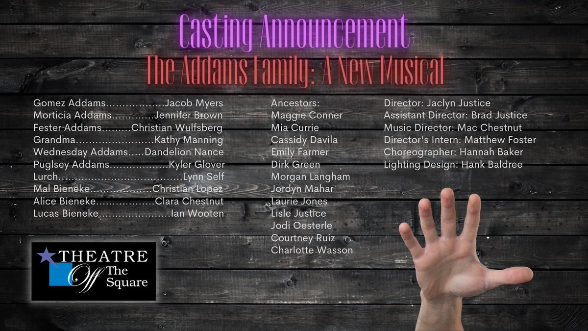 WeatherfordTots's tweet photo. Theatre Off The Square is proud to announce our cast and creative team for The Addams Family: A New Musical! Don't miss seeing the show this coming September; it's going to be great! https://t.co/fPQSXf8IRW