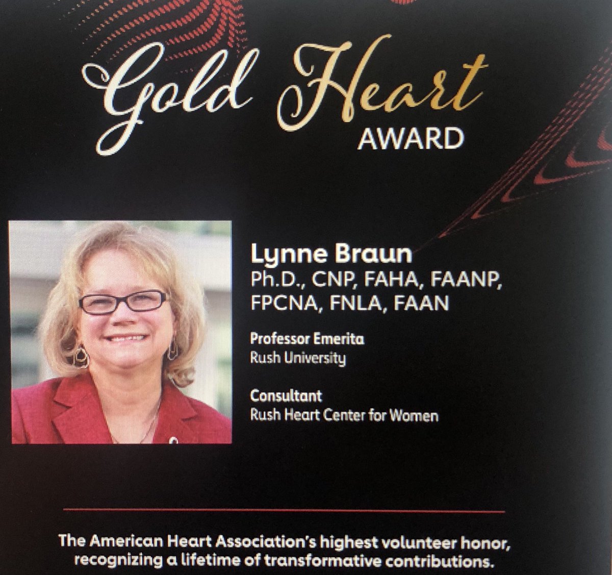 Congratulations to ⁦@braun_lynne⁩ for receiving the highest volunteer honor-AHA Gold Heart Award. So deserved! ⁦@HeartNurses⁩ #AwardsWithHeart ⁦@AHAScience⁩ ⁦⁦@RushUNursing⁩